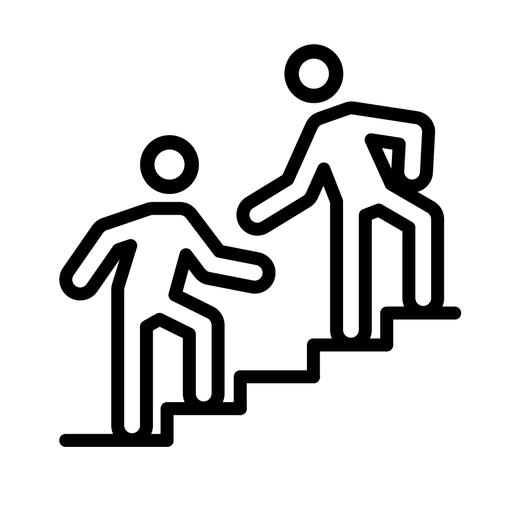 Icon of one person helping another up a staircase, symbolizing support and respect. Icon of one person helping another up a staircase, symbolizing support and respect.