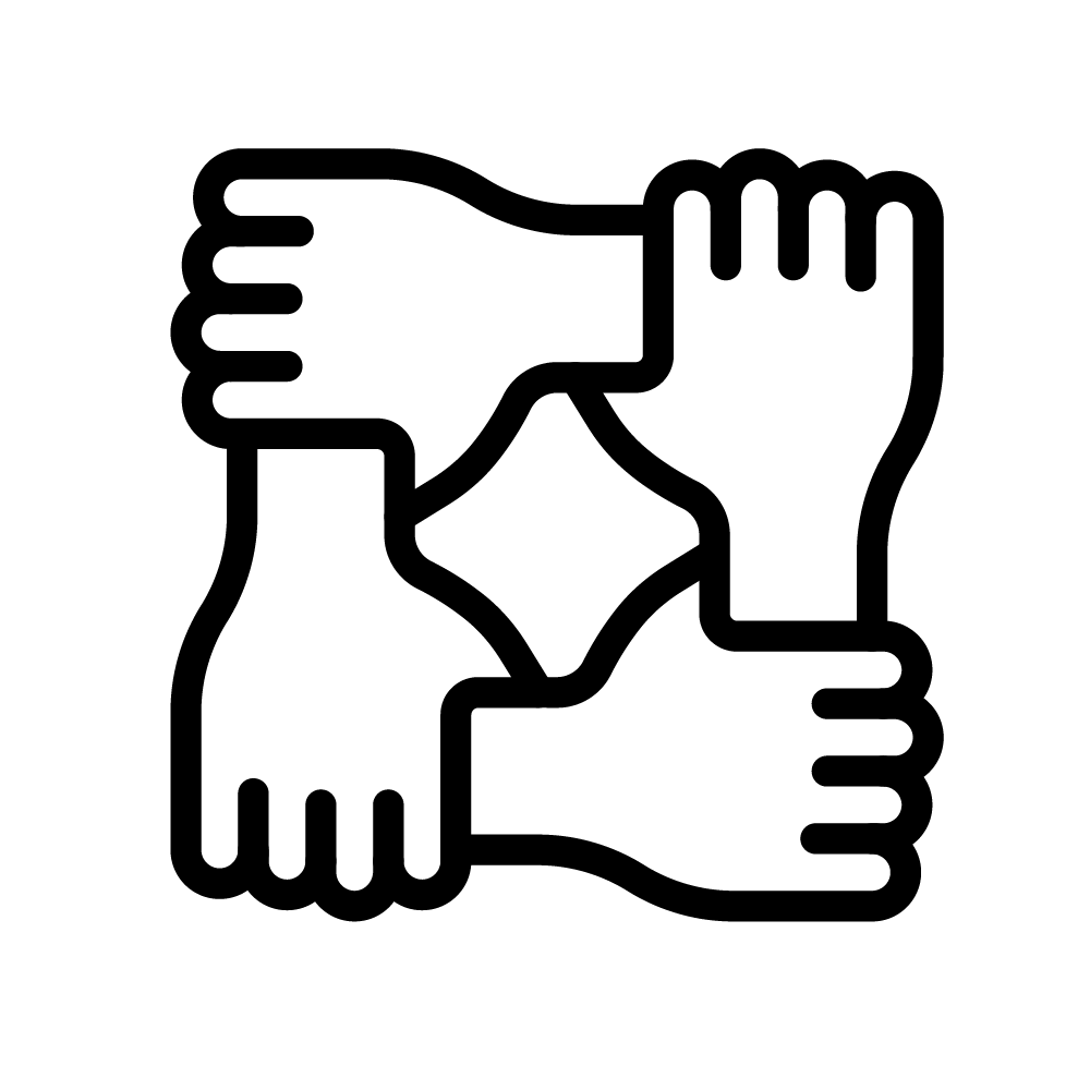 Icon of four hands interlocked in a square pattern, symbolizing teamwork. Icon of four hands interlocked in a square pattern, symbolizing teamwork.