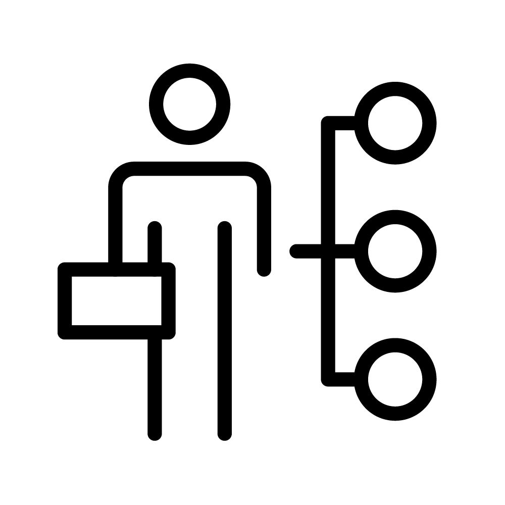 Icon of a person with a briefcase next to a branching structure with three circular nodes. Icon of a person with a briefcase next to a branching structure with three circular nodes.