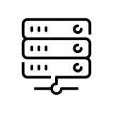 A black and white icon of three stacked server racks with a network connection at the bottom
