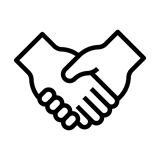 A black and white line drawing of two hands shaking, symbolizing a handshake.
