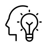 A black and white line drawing of a human head in profile with a light bulb inside the head, symbolizing an idea or thought.