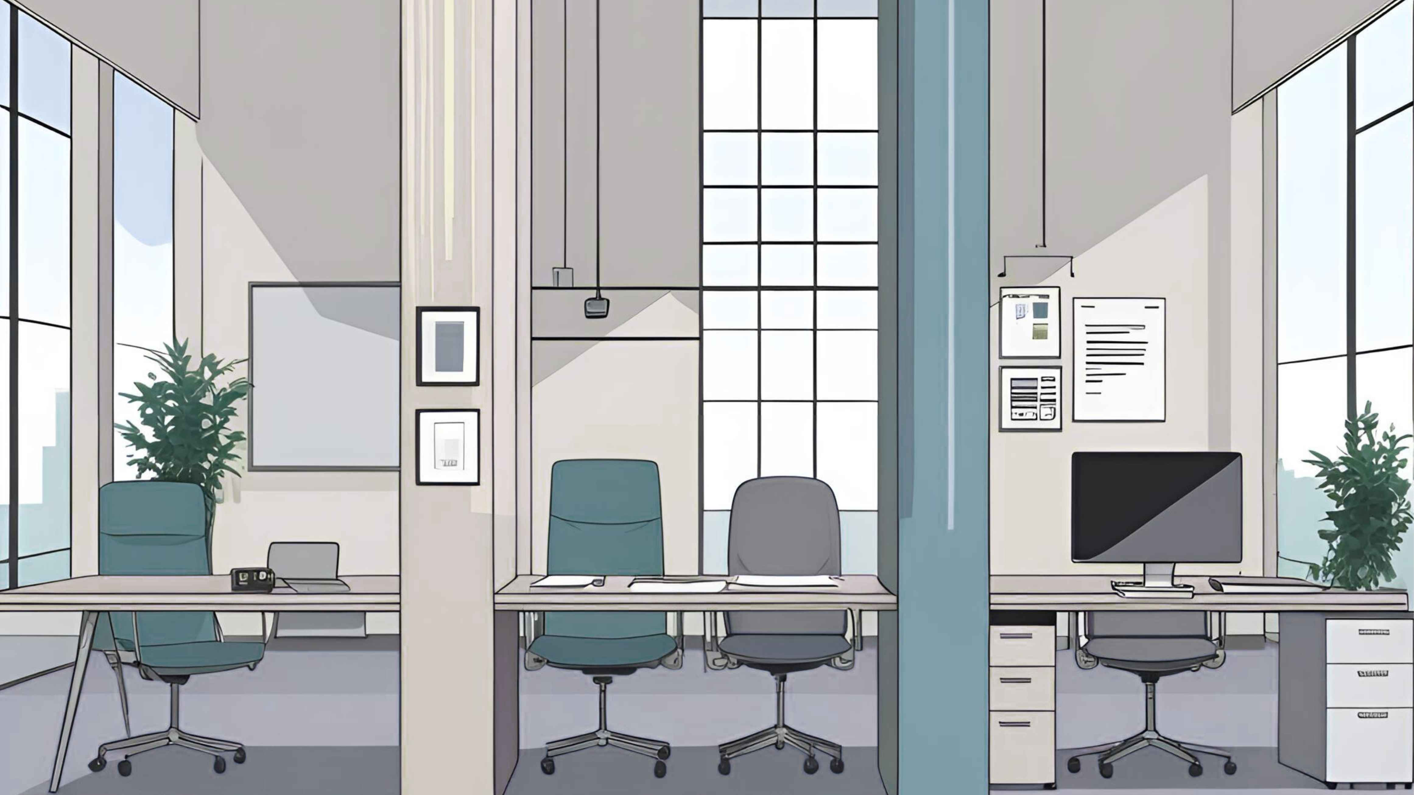 A modern office space with large windows, three desks, and office chairs. The left desk has a green chair, a phone, and some papers. The middle desk has two chairs, one green and one gray, with papers on the desk. The right desk has a computer monitor on it and a gray chair. There are plants near the windows.